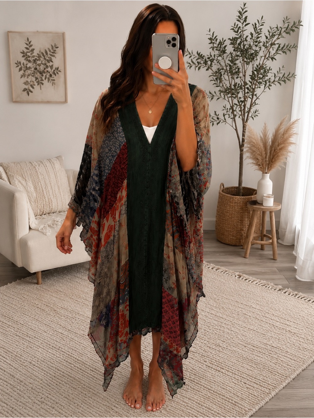 Boho Patchwork Kimono Dress in Forest Green with Muted Floral Panels